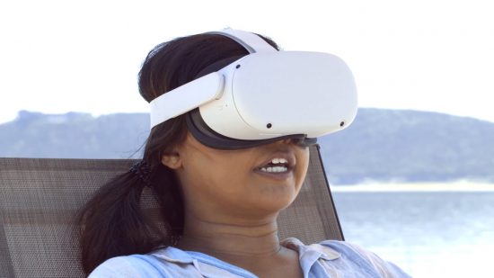 A woman pulls a shocked face while wearing the Meta Quest 2 VR headset