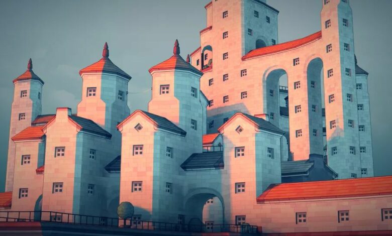 Best browser games - Townscaper - A series of white stone towers with red roofs all interconnected on a greyish sky background at sunset.