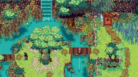 Best farming games - A top down view of the player character, a red-haired girl, fishing from a bridge