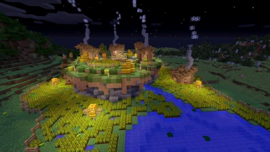 Best farming games - A few rustic farm houses atop a large wheat field in Minecraft