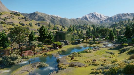 Best building games - Planet Zoo: A lush, green zoo with natural habitats and horses roaming a large enclosure