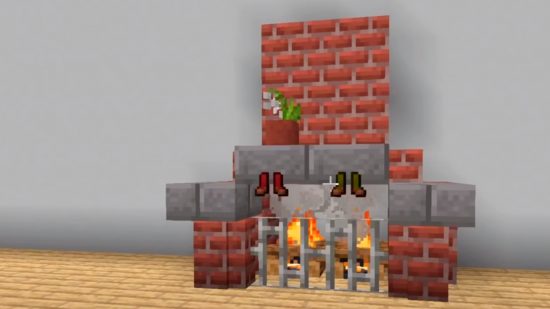 Minecraft Christmas builds - a cosy brick fireplace with stockings hanging on it