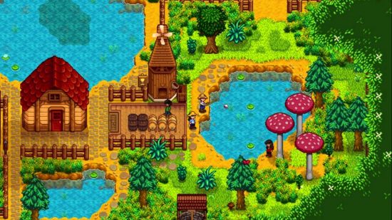 Best farming games - a top-down view of pixelated farming game Stardew Valley, showing a pond and a chicken coop