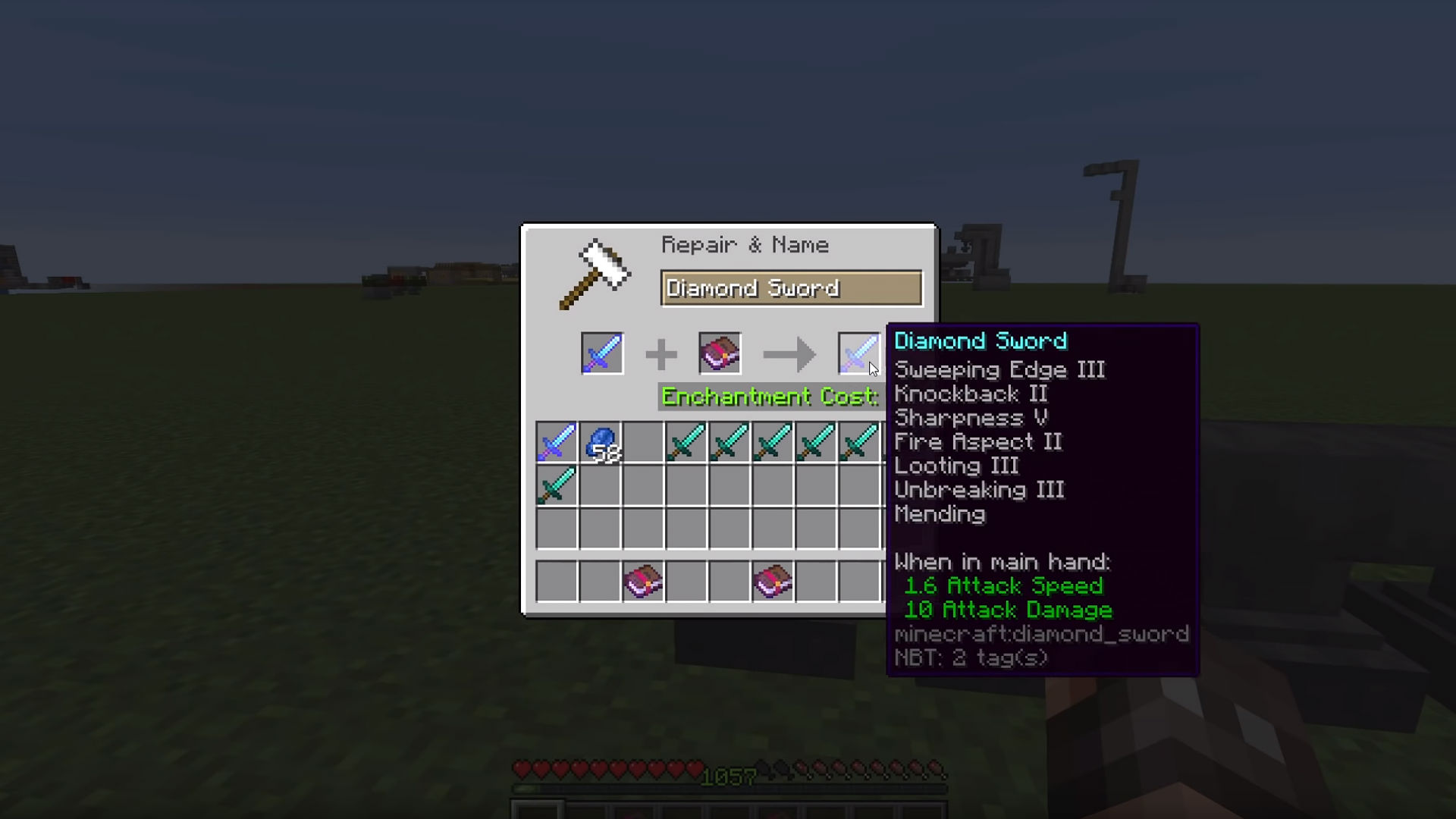 Anvils used for Minecraft enchanting and repairing. The current sword shown has seven enchantments attached to it.