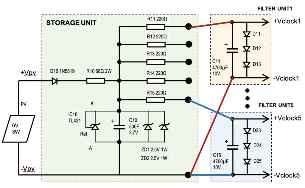 Circuit diagram of wall clock power supply for running five clocks