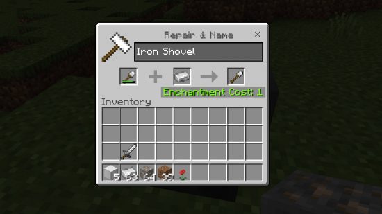 Minecraft anvil - the player is repairing an Iron Shovel with one Iron Ingot.