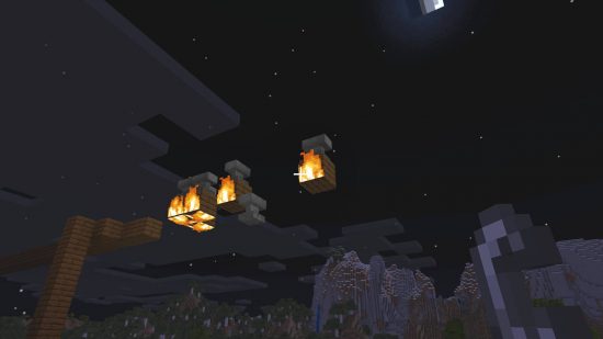 Minecraft anvil recipe - several anvils about to fall because the block of wood underneath is burning.
