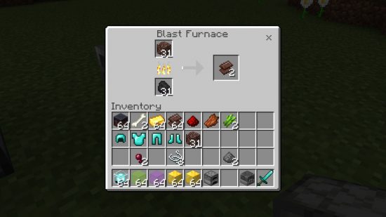 Minecraft Netherite - smelting ancient debris into Netherite scrap in a blast furnace.