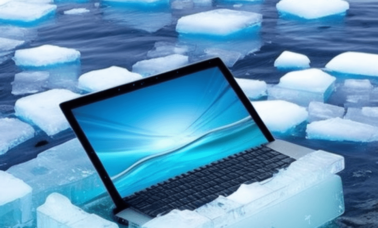 A laptop floating on ice