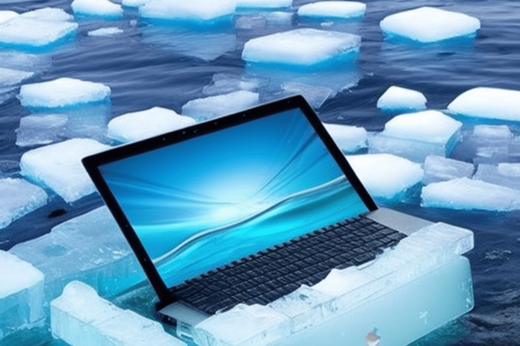 A laptop floating on ice