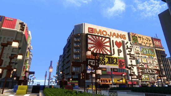 Minecraft cities - Sayama City is a Japanese-inspired location with Mojang advertisements.