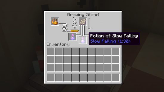 Minecraft Phantom Membrane: The option brewing UI shows a potion of slow falling