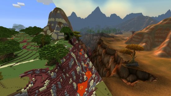 Azeroth best Minecraft builds: A side-by-side comparison of a landscape in World of Warcraft and the same lava-filled area in Minecraft, in Crafting Azeroth