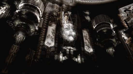 H.R. Giger best Minecraft builds: The wall in a massive H R Giger inspired Minecraft build, featuring the face of a woman