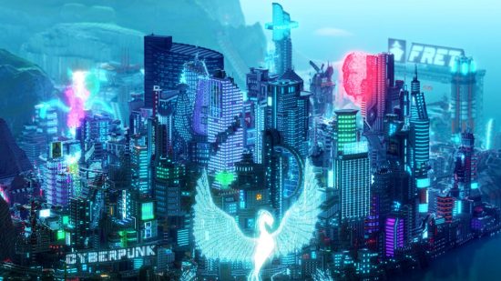 Cyberpunk 2077 best Minecraft builds: A view of the skyline of a cyberpunk city, featuring skyscrapers and holograms bathed in neon.