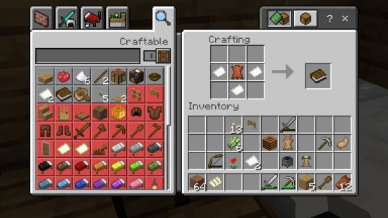 Minecraft book - The book recipe in Minecraft. Place some leather in the centre square, then place two paper either side and one underneath.