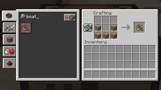 Minecraft boats - this is the Minecraft boat recipe. To craft it, take five of any type of wood, then place one wood planks in every space on the bottom row. Then put two more planks on the left and right spaces in the row above it.
