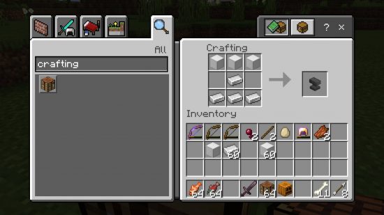 Minecraft anvil recipe - a screen showing the anvil recipe, which has three iron blocks on the top row, then three iron ingots on the bottom row and a single iron ingot in the middle slot.