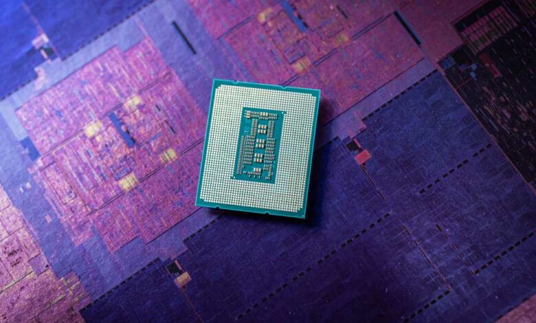Intel 13th-gen Raptor Lake chip on a purple background
