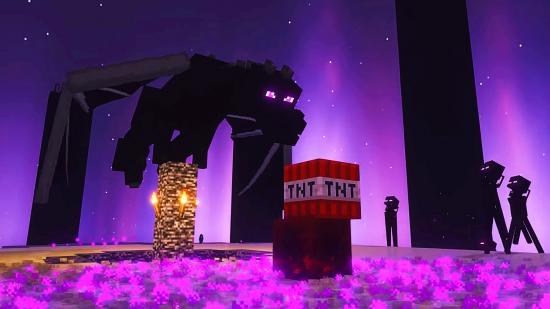 Minecraft Enter Dragon - the ominous Ender Dragon looms above a mound of TNT beneath the purple skies of the Nether.