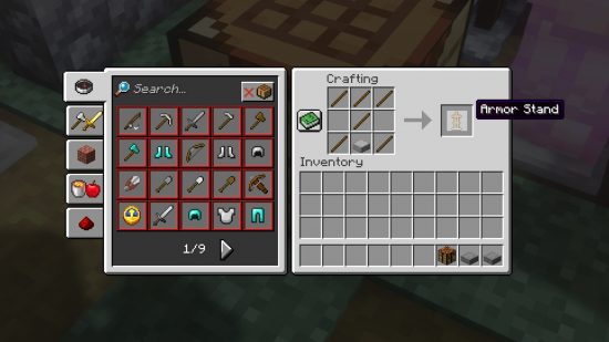 Minecraft armor stand recipe: the Minecraft armour stand recipe in the crafting table UI