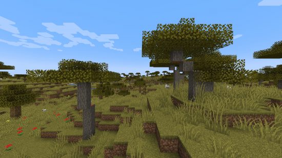 Best Minecraft texture packs: The image shows a Minecraft savannah biome with and without the faithful texture pack installed, in which the grass, wood, and leaves are slightly altered