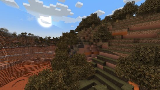 Best Minecraft textures packs: A side by side of wooded badland with the Epic Adventures resource pack on and off, showing realistic trees and a round sun