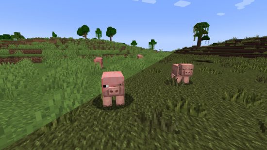 Best Minecraft shaders: The image shows a Minecraft landscape and pigs with and without the Mythic texture packs, which adds a rustic, mediaeval look to the sandbox game
