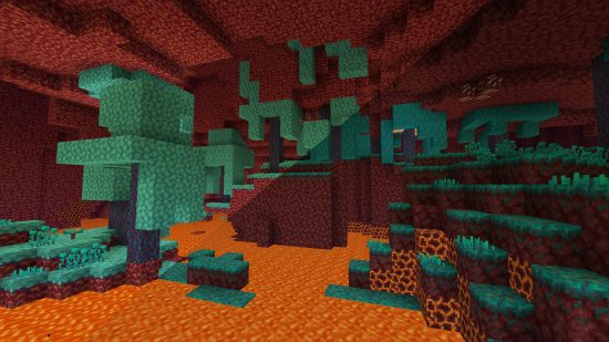 best Minecraft texture packs: A half and half image shows a Minecraft Nether landscape with and without the bright, bloom, and retro texture pack