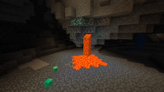 Best Minecraft texture packs: A before and after of the Jicklus texture pack underground, showing brighter ores, lava, and slimes