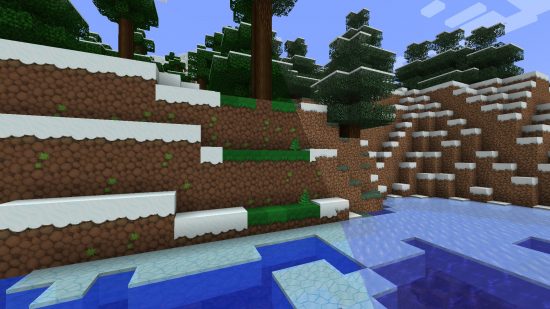 Best Minecraft texture packs: The sapixcraft texture pack is shown in a side by side image of a snowy taiga, with ice, snow, and grass blocks all more colourful and cartoony