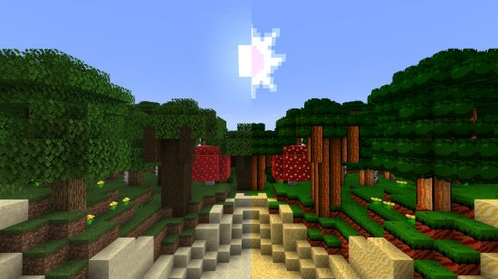 best Minecraft texture packs: A half and half image shows a Minecraft landscape with and without the RetroNES texture pack, which makes the world look like a classic Nintendo game