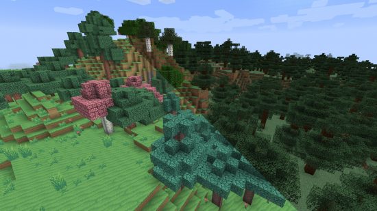 Best Minecraft texture packs: An image shows Minecraft spruce trees, oak trees, and birch trees with and without the beastrinia texture pack, which makes the world more colourful, pastelised, and adds pink leaves 