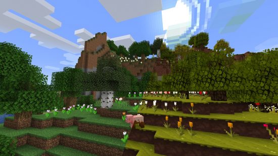 Best Minecraft texture packs: An image shows Minecraft trees and mobs with and without the Jolicraft texture pack, with a muddy pig, a swirling round sun, and a different colour palette