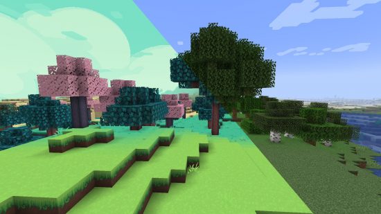 Best Minecraft shaders: The image shows a Minecraft landscape with and without the anemoia texture pack, which adds pink trees, fluffy 2D clouds, and pastel shades