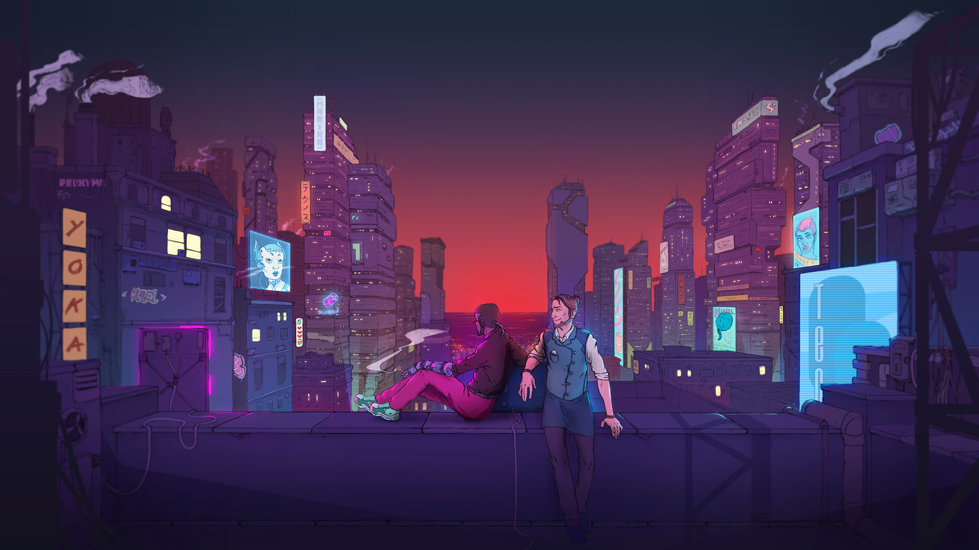 Two men relax on a rooftop overlooking a cyberpunk city