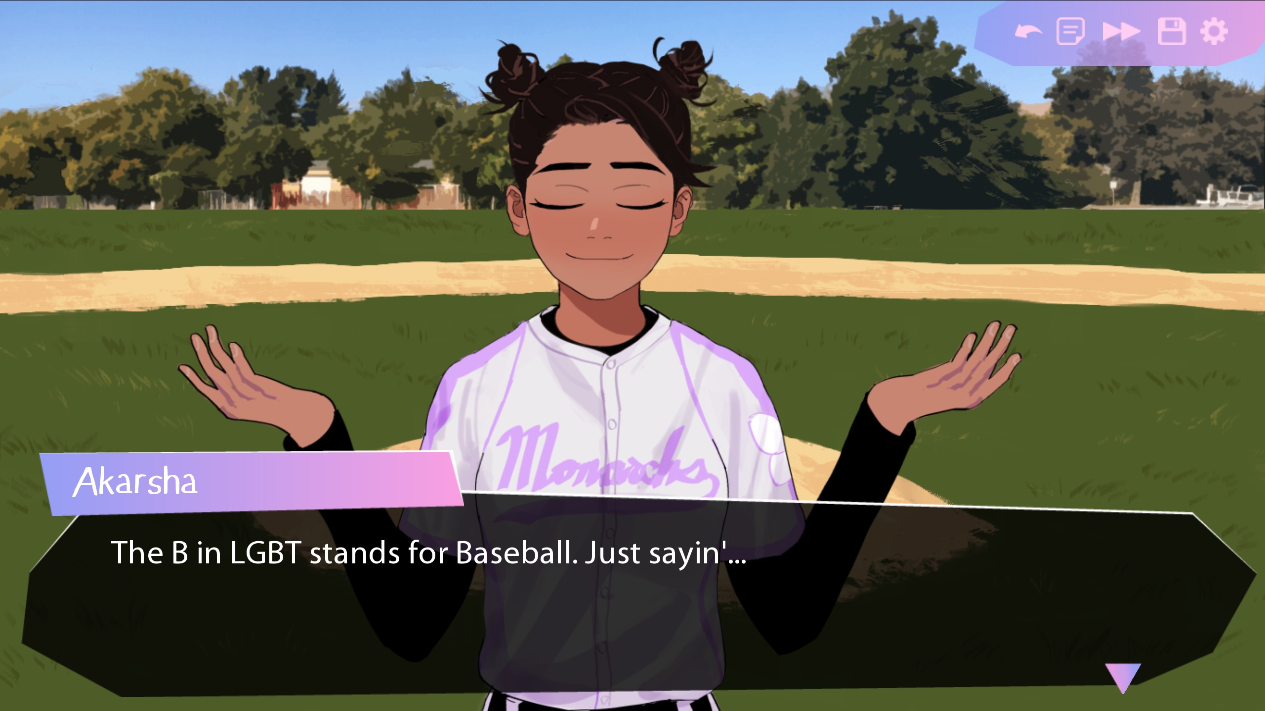 A girl in a baseball uniform explains the B in LGBT stands for baseball