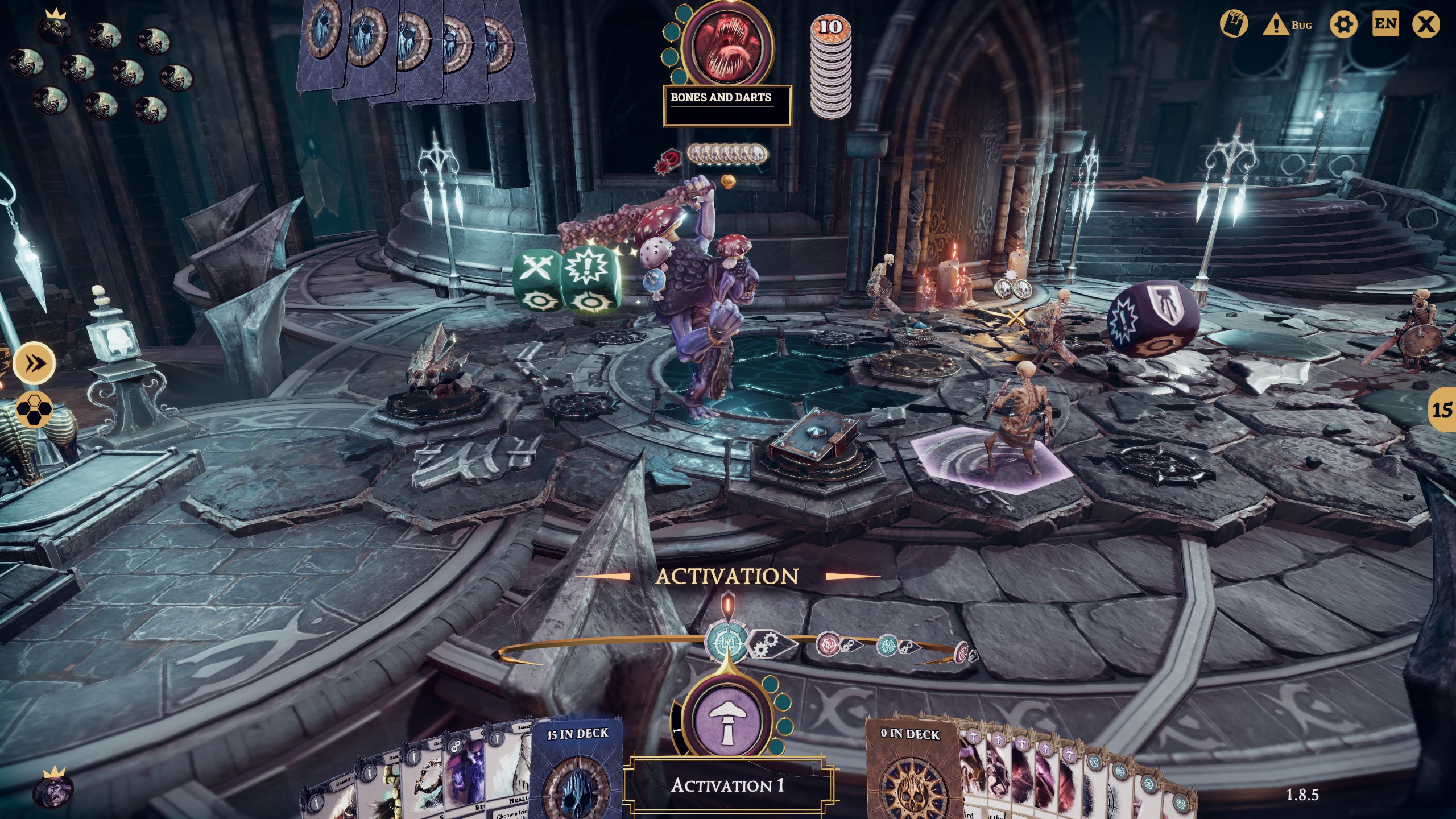 A troll covered in mushrooms swings a club at a skeleton