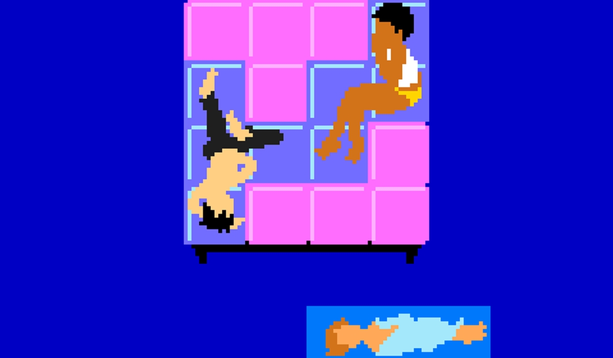 Best sex games - Two people lie on a bed while a third falls to the floor