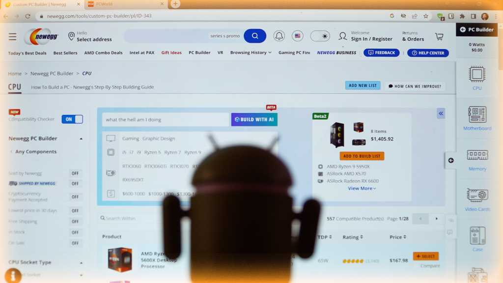 Newegg AI PC builder with Android figure in foreground