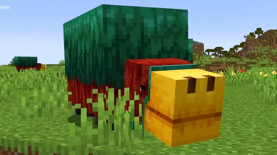 Minecraft update - the Sniffer, a creature with a green back and yellow mouth with large nostrils