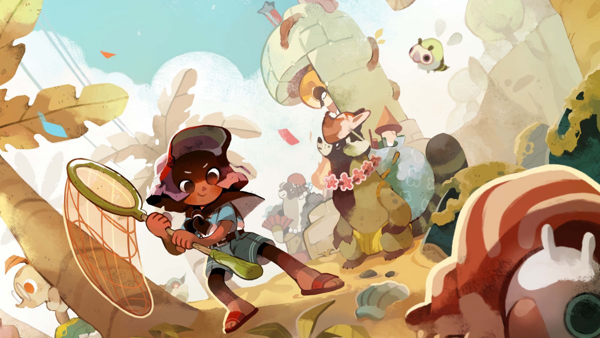 Cozy Grove key art - a player holds a bug net and attempts to catch a large creature while others stand in the background