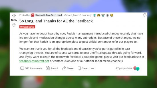 Minecraft Reddit of over seven million users loses Mojang support