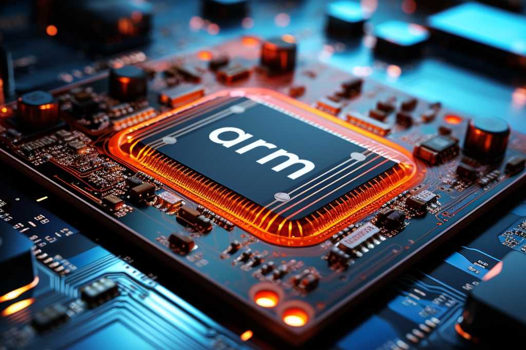 Illustration of Arm chip in motherboard for laptops and desktop PCs hero