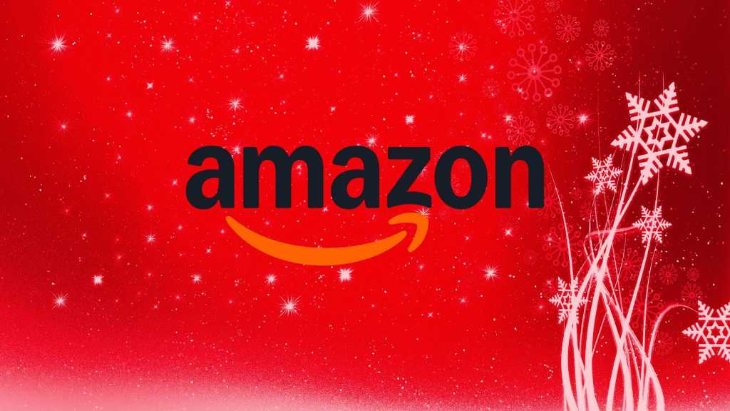 Amazon logo over red holiday background