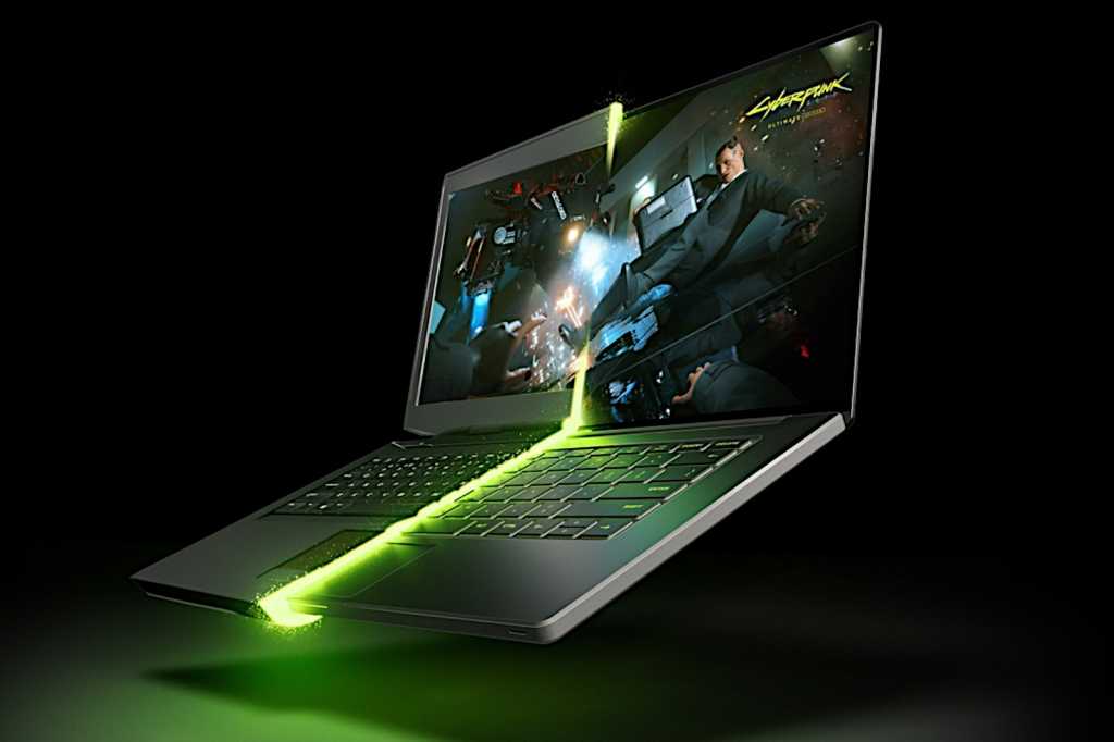 Nvidia RTX 50 Series gaming laptop with Cyberpunk on screen promo