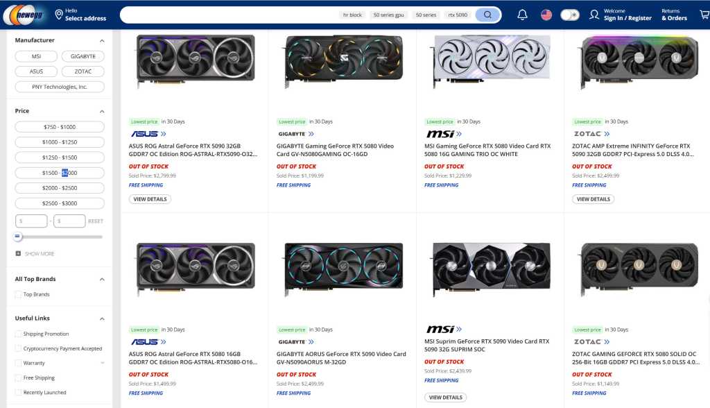 newegg rtx 50 series sold out